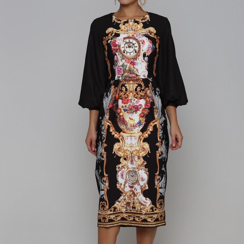 Navy Designer Print style 3/4 Sleeve Midi Dress - Picture 3 of 4